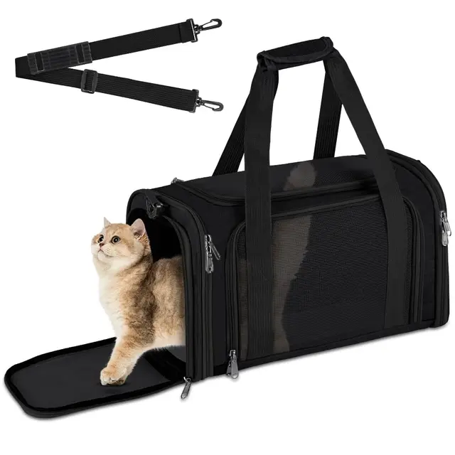 Transportín Perro Gato, Bolsa de Transporte Transpirable Gato Plegable, Aprobado por Aerolíneas, para Pequeños Medianos Gatos Cachorros Gatitos, para en Tren, Coche y Avión, Negro(40x25cm)