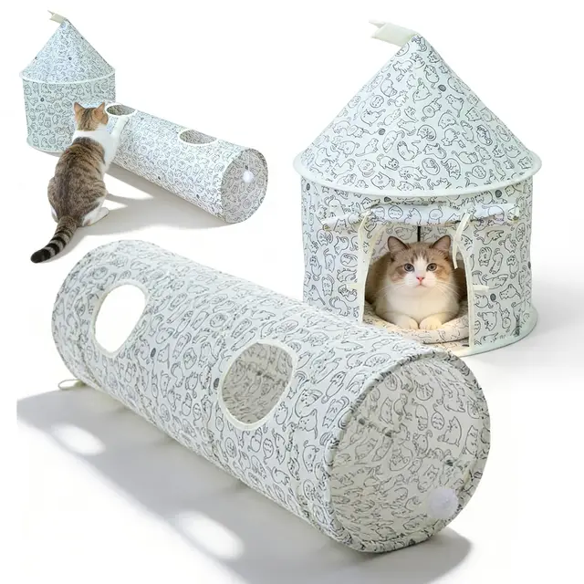 Túnel para gatos 3 en 1, plegable túnel para gatos con mirilla y pelota, túnel de juego para gatos, túnel interactivo para gatos, cachorros, animales pequeños, interior y exterior (beige)