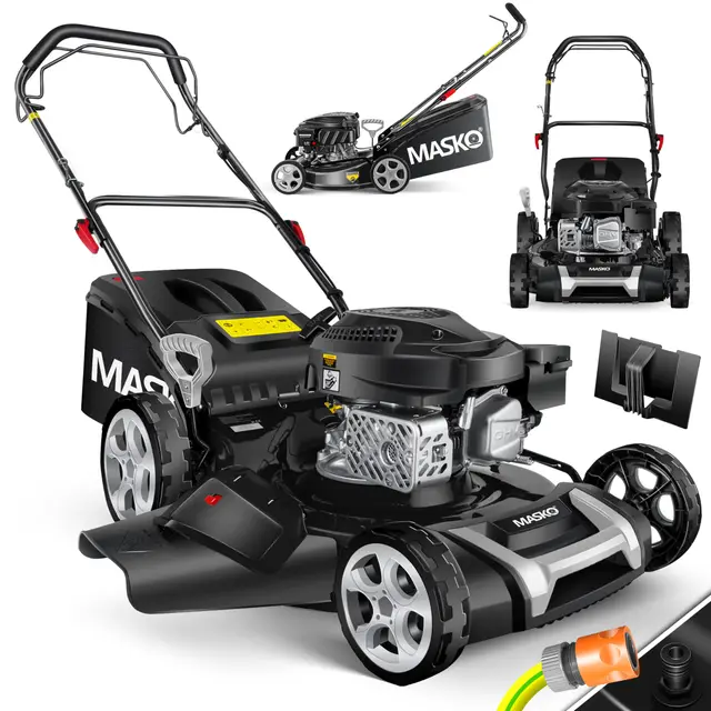 MASKO Cortacésped de gasolina 5 en 1, ancho de corte de 51 cm, 8 alturas de corte, motor OHV de 4 tiempos, 6,0 CV, cesta de 65 litros, incluye kit de mantillo, expulsión lateral, guantes y cepillo