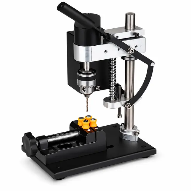 VOBOR Mini Taladro Columna, Ajuste Altura de 50mm, 200W Taladro de Banco Eléctrico Ajustable de 7 Velocidades, Taladro de Prensa Vertical para Taladrado Directo de Metal, Madera