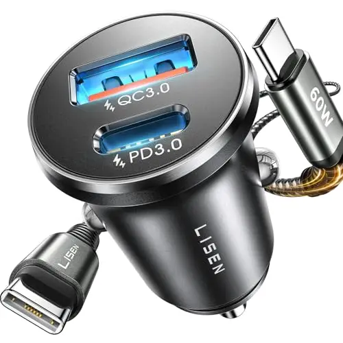 LISEN Cargador Coche Carga Rápida Mechero USB C 69W+60W Cable, Accesorios Coche Camper Electrónicos Flash del Dia, Carregador Isqueiro Carro 12/24V Gadgets para iPhone 17 e 16 Samsung S26 Kindle iPad