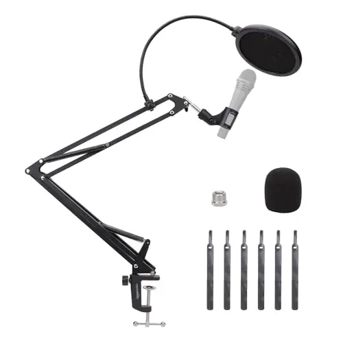 Amazon Basics Brazo de Micrófono Ajustable con Filtro Anti-Pop y Pantalla de Espuma, Abrazadera de Montaje en Mesa, Rotación de 360°, Compatible con Blue Yeti, Snowball, HyperX, 35.5 cm, Negro