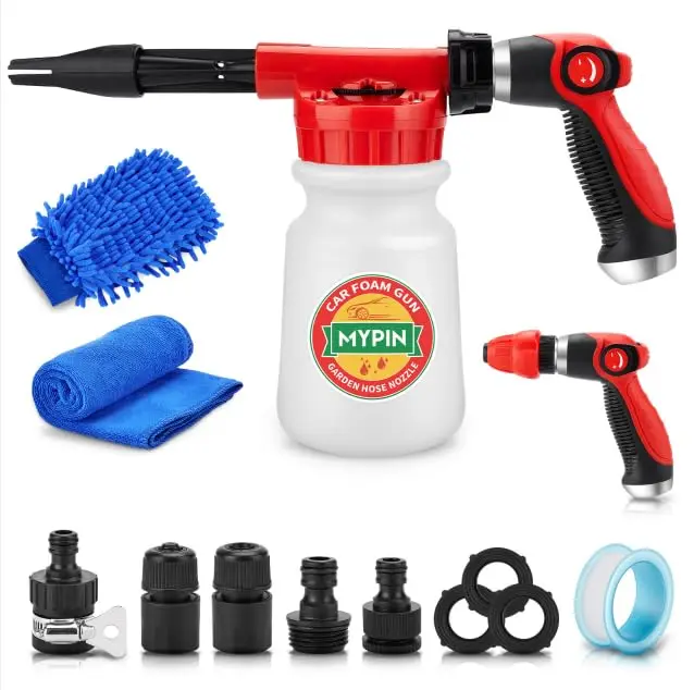 Lanza de Espuma de Nieve, 1000 ml Pistola Coche Cañón Con 2,5 a 6 Barras, Blaster, Boquillas, Manopla de Lavado y Toalla Para Limpieza de Automóviles, Casas y Jardines