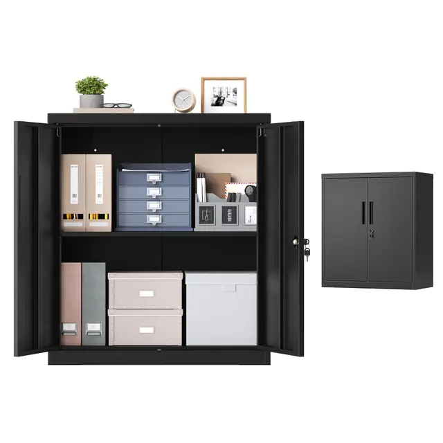 SONGMICS Armario Archivador, Armario Metálico, Mueble de Oficina con Cerradura, 2 Puertas, Acero, 80 x 40 x 90 cm, 1 Balda Ajustable, Negro Mate OMC019BD01