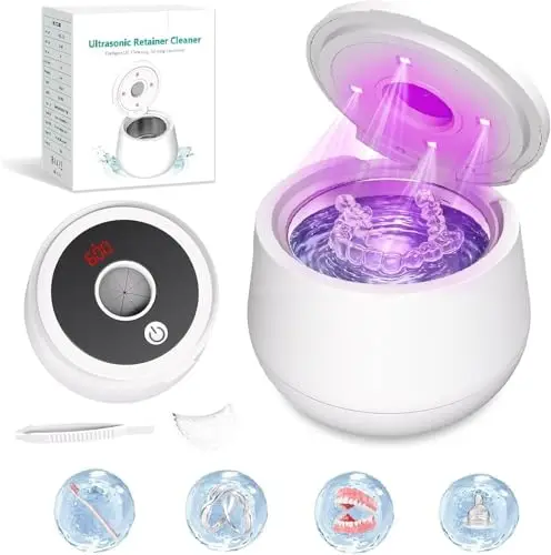 Limpiador de retenedores ultrasónico, 45 kHz, limpiador dental con cápsula y lámpara UV y 4 modos de limpieza, limpiador ultrasónico para joyas, alineador, protector nocturno, protector bucal