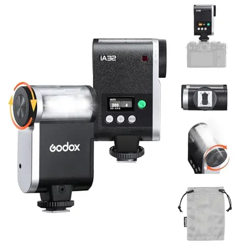 GODOX iA32 Mini Flash de Cámara, Flash de Zapatos Calientes con Salida de Potencia de 8 Niveles, 490 Flashes de Potencia Completa, Control óptico S1/S2, Zapata de Contacto único