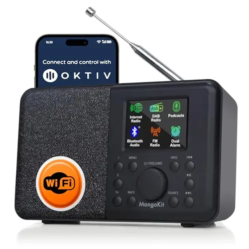 SR10 Internet Radio con WiFi, Dab+ Radio Digital,Reproductor de podcasts,FM,Altavoz Bluetooth,de Cocina Dab,batería,Pantalla de Color,alarmas duales-Negras