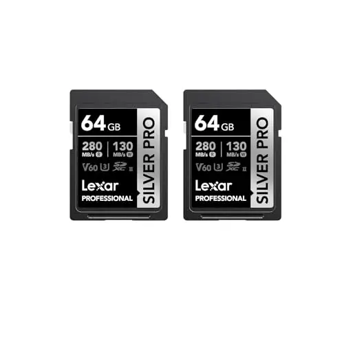 Lexar SILVER PRO Tarjeta SD de 2x64GB, tarjeta de memoria SD UHS-II, V60, U3, C10, lectura de hasta 280MB/s, escritura de 130MB/s, tarjeta SDXC para DSLR/cámara/fotógrafo/videógrafo(LSDSIPR064G-B2NAA)