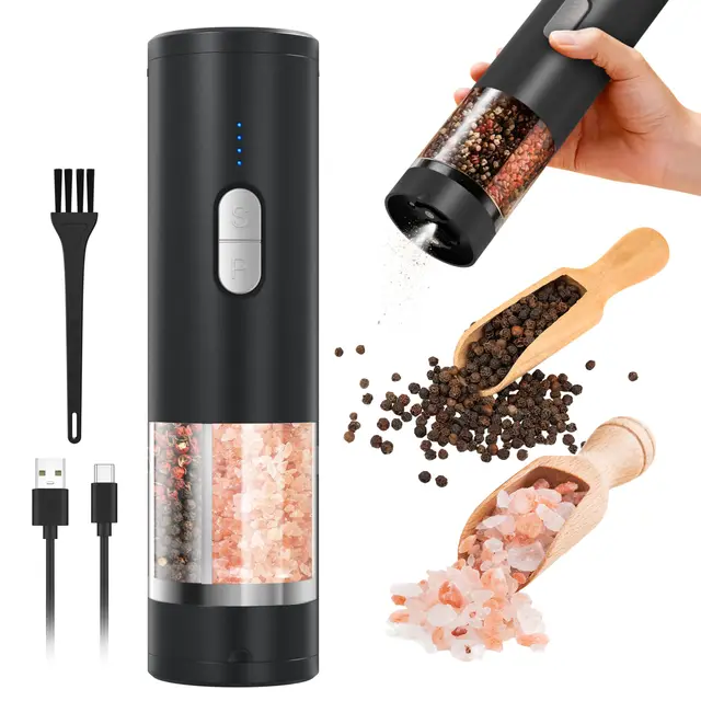 Juego de molinillo eléctrico de sal y pimienta 2 en 1 (recargable por USB), molinillo automático de sal y pimienta con iluminación LED, funcionamiento con una sola mano, grosor ajustable, perfecto