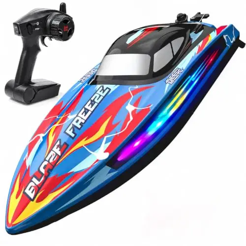 DEERC Barco Teledirigido Lancha rápida a Control Remoto para Piscina y Lago con luz LED, 20+mph, 40+ Mins, autoadrizable, para niños, Juguete acuático de Verano de 2,4 GHz