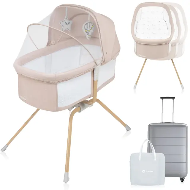 lionelo Malin EVO - Cuna de Viaje para bebé con colchón, de 0 a 9 kg, Dosel con mosquitera, Plegable, Sistema de balancín, reclinable, Montaje rápido (Beige Natural)