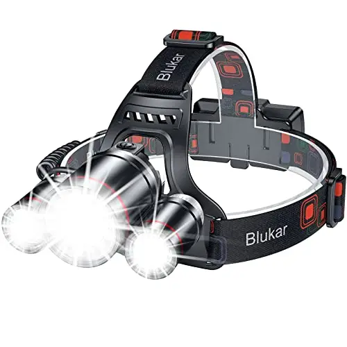 Blukar Linterna Frontal Led Recargable, 8000L Superbrillante Impermeable Linterna Cabeza con Roja y 5 Modos de Luz, IPX6 Resistente al Agua, 90° Ajustable para camping, reparaciones, emergencias etc