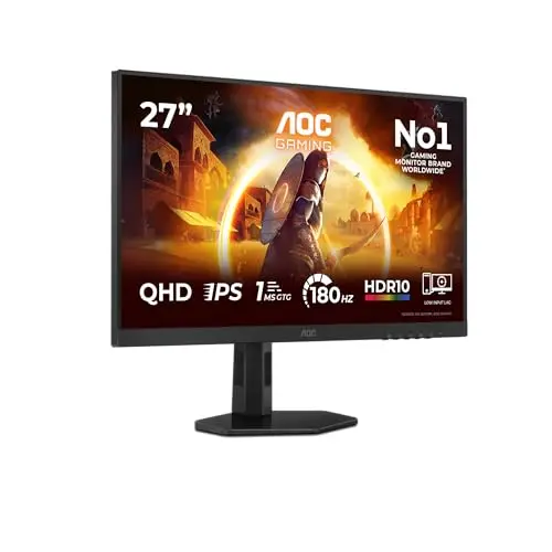 AOC Gaming Q27G4XF - Monitor QHD de 27 Pulgadas, 180 Hz, Plano, 0,5 ms, FreeSync Prem., Comp. G-Sync, HDR10, Ajustable (IPS, 2560x1440, DisplayPort, HDMI) Negro/Gris