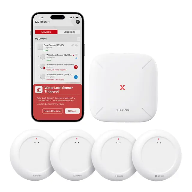 Sensor de Agua Wi-Fi X-Sense con estación Base SBS50, Detector Inteligente de Fugas de Agua, alertas de App, Resistente al Agua IP67, Detector inalámbrico para Cocina, baño, sótano, SWS0A41