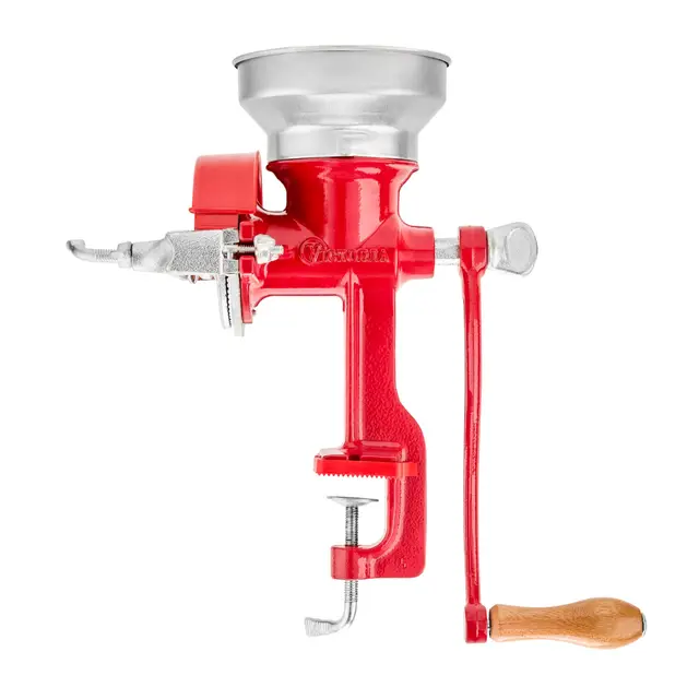 Victoria Molino Cereales Manual, Molinillo de Mano en Hierro Fundido para Moler Café, Maíz, Avena, Semillas, Grosor de Molienda Ajustable, Grain Grinder Tolva Baja, Abrazadera para Mesa, Rojo