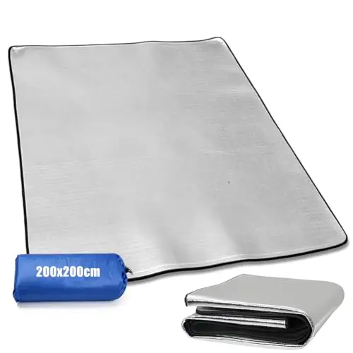 Esterilla aislante de aluminio, 200 x 200 cm, esterilla de espuma para camping, manta aislante plegable para tienda de campaña, esterilla térmica, manta térmica de aluminio y EPE