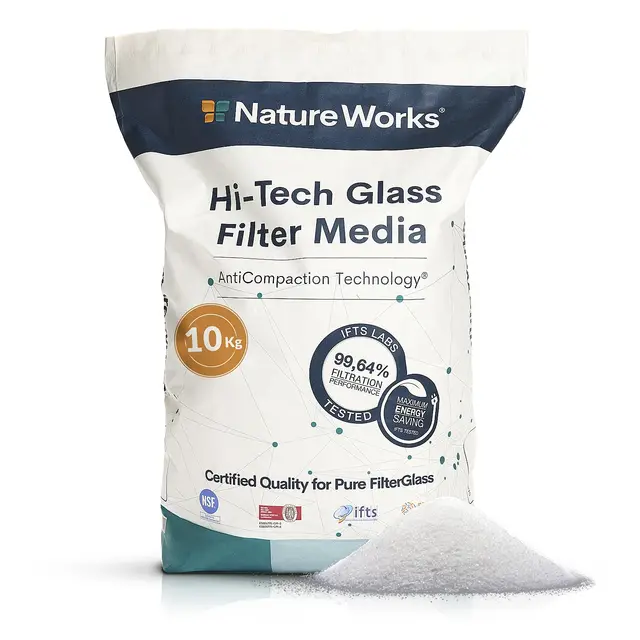 NATURE WORKS Arena de Vidrio Filtrante para Piscina con Poder de Filtración del 99,64%, Reduce el Consumo de Agua y Energía, Fabricado con Vidrio Técnico Virgen para Máxima Higiene - Saco 10kg