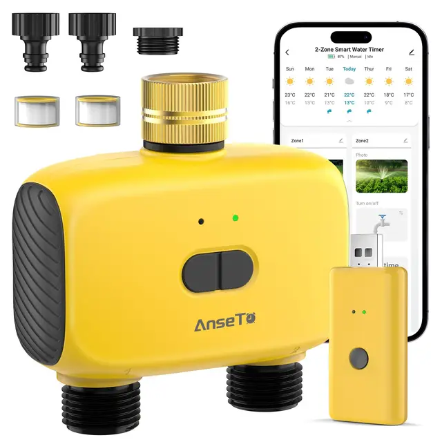 Programador Riego WiFi para Jardines,Terrazas,Césped y Zonas Exteriores,Entrada de Latón Sistema de Riego Automático con 2 Salidas,Concentrador WiFi y Función de Control Remoto