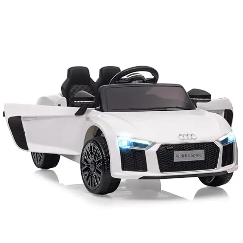 Coche Eléctrico Infantil Audi Modelo 8 de 12V con Licencia: Control Remoto, Suspensión, Música, LED, Arranque Suave, Bocina, Puertas de Tijera. Vehículo Seguro a Batería para Niños de 3 a 6 Año,Blanco