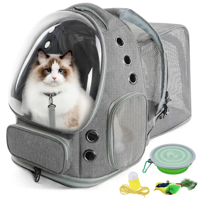 Transportin Mochila Gato Transparente Extensible, Mochila para Gatos Transporte Burbuja, Mochila Mascota Gato y Perros Pequeños Medianos hasta 8kg, Transpirable Plegable para Viajes Coche Gris