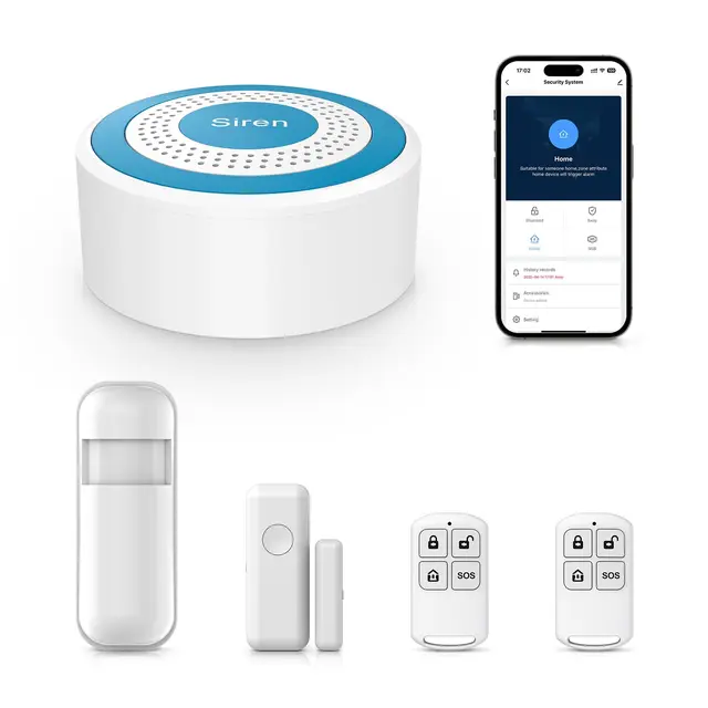 Alarma para Casa, WiFi Sistema de Alarma para Casa, Antirrobo Inalámbrico con 1 Sensores para Puertas y Ventanas, 1 Detectores de Movimiento y 2 Controles Remotos, Compatible con Alexa