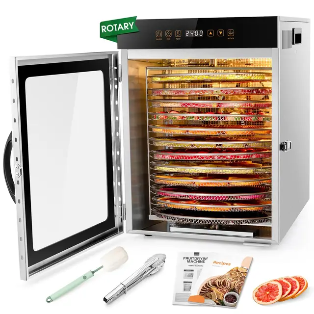 Kwasyo Deshidratador de Alimentos de Acero Inoxidable con 12 Rotar Bandejas, 1000W Secado eficiente de 720° con doble ventilador, Temporizador Temperatura Ajustabledeshidrata fruta, carne, verduras