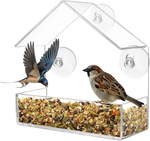 Comedero Pajaros Exterior Transparente para Ventana con 3 Ventosas. Casita Pajaros Exterior Diseñada para Atraer Pájaros Silvestres. Resistente Y Fácil De Instalar.