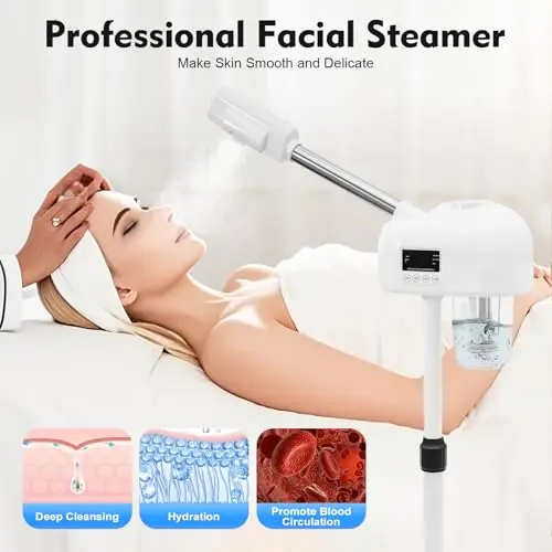 Vaporizador facial profesional, sauna facial limpiador de poros, vapor facial, adecuado para salón y hogar, niebla cálida, brazo extensible, aromaterapia