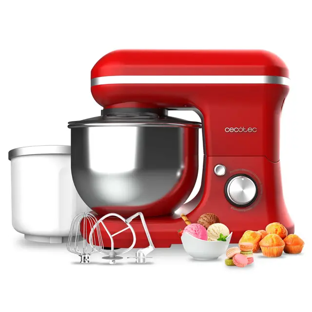 Cecotec Batidora Amasadora Cecomixer Merengue 5L 1200 Ice-Cream Rojo, 1200 W, 5 Función y Hielo, Bol de Acero de 5 L y Accesorios para Batir y Amasar, Incluye Función para Hacer Helado