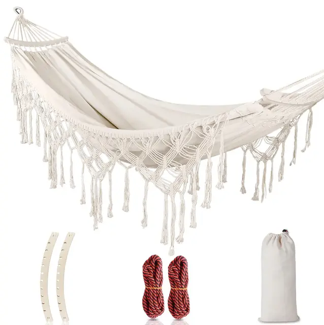 Hamaca Jardin Exterior, Hamaca Colgante con Flecos und Travesaño, Hamacas Tela Cómoda & Fácil de Montar