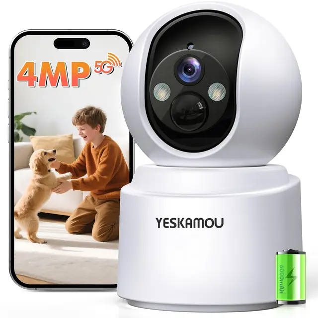 Camara Vigilancia WiFi Interior Sin Cable 2.5K 4MP, Batería Recargable 6000mAh Larga Duración, WiFi 2.4/5GHz, 360° PTZ, Visión Nocturna Color, Detección PIR Inteligente, Ideal para Bebé Mascota Hogar