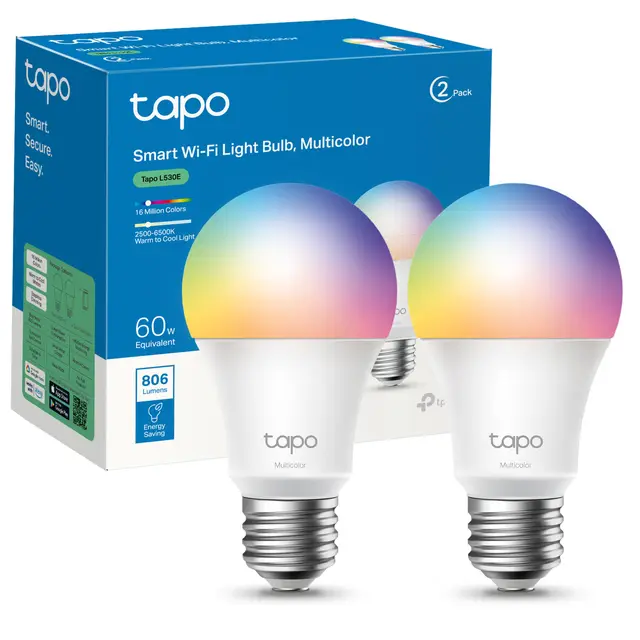 Tapo L530E – Bombilla LED inteligente Wi-Fi, multicolor, regulable, casquillo E27, 60W, 806 lúmenes, compatible con Alexa y Google Home, paquete de 2 (paquete de 1)