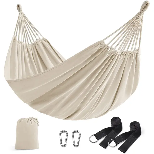 SONGMICS Hamaca, 210 x 150 cm, Hamaca Doble, Carga de 300 kg, para Jardín, Terraza, Balcón, al Aire Libre, Camping, Bolsa de Transporte, Correas de Fijación y Mosquetones, Beige GDC15M