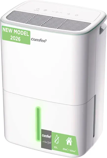 COMFEE' Deshumidificador de Humedad 10L Silencioso | Modo Secado de Ropa y AUTO - Deshumificador Compacto y de Bajo Consumo con Drenaje Dual | Ideal en habitaciones hasta 31m2/100m3 - Aqua Dry 2026