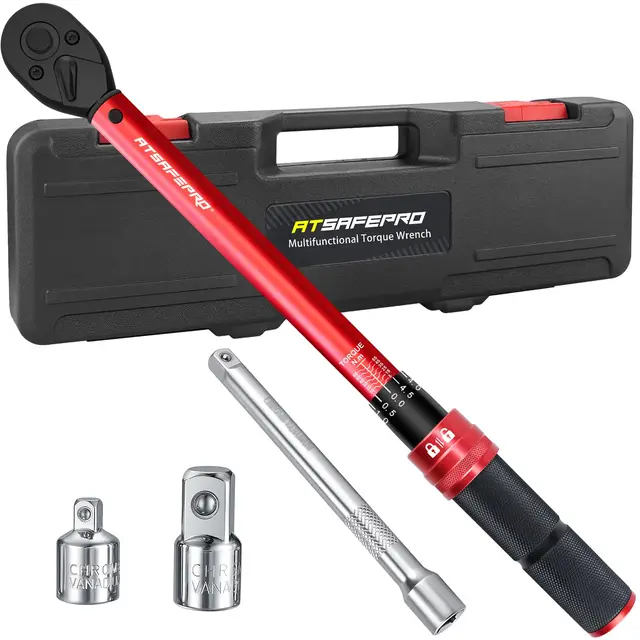 ATsafepro Llave Dinamometrica 3/8",5-60 Nm Dinamometrica Con Adaptador De 3/8" A 1/4"&1/2" Y Barra De Extensión De 15 Cm, Precisión ±3% Para Coches, Bicicletas, Motos
