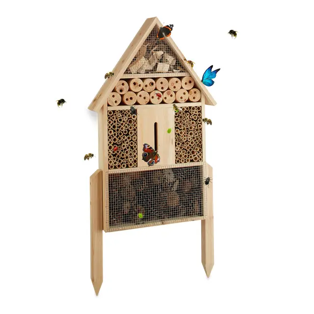 Relaxdays Hotel de Insectos, Casa para Bichos de Jardín, Casita Abejas y Mariquitas, Madera Efecto Quemado, Natural