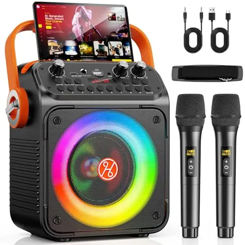 HWWR Karaoke 2 Microfonos Inalambricos, Karaoke Profesional para Adultos Y Niños Altavoz Bluetooth con Preamplificador De Micrófono, Portátil Bluetooth Fiesta Altavoz Karaoke-Regalo