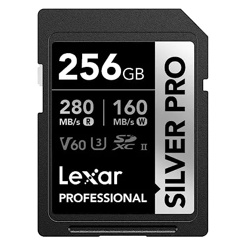 Lexar SILVER PRO Tarjeta SD de 256GB, tarjeta de memoria SD UHS-II, V60, U3, C10, lectura de hasta 280MB/s, escritura de 160MB/s, tarjeta SDXC para DSLR/cámara/fotógrafo/videógrafo (LSDSIPR256G-BNNAA)