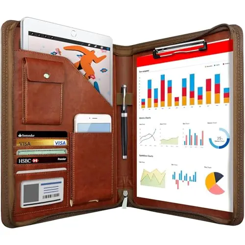 NEWYES Portadocumentos de Cuero A4 para Conferencias con Cremallera- Regalo Hombre/Mujer, Carpeta Organizadora Agenda Ideal para Oficina y Viaje de Negocios (Marrón)