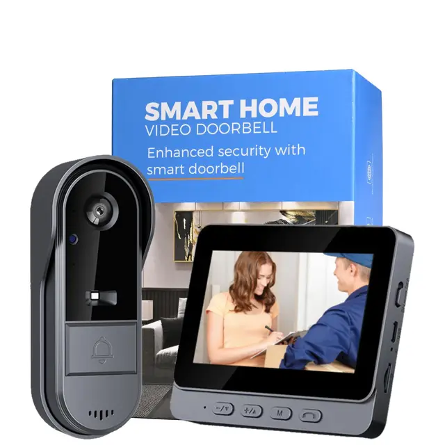 Timbre visual inalámbrico, cámara exterior impermeable de 1080p, pantalla de 4,3 pulgadas con cable, audio bidireccional, cámara gran angular de 170°, visión nocturna, sin aplicaciones ni Wi-Fi