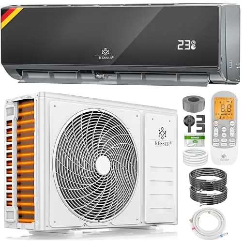 KESSER® Aire acondicionado SET Split con función wifi/App, refrigeración A++/ calefacción A+, refrigerante R32, pantalla LCD, función de temporizador, Split 9000 BTU/h / 2600 Watt - antracita