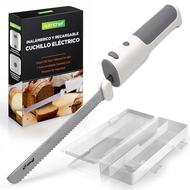 Nutrichef Cuchillo Jamonero Electrico, Inalambrico, Funcion de Encendido y Apagado, Ligero, Seguro, para Jamon, Carnes, Aves, Pan y Queso, Cuchillas de Acero Inoxidable