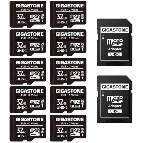 GIGASTONE 32GB Tarjeta de Memoria Micro SD, Paquete de 10, Video Full HD, Cámara de Vigilancia y Seguridad, Cámara de Acción, Drone, 90MB/s Micro SDHC UHS-I U1 C10 Clase 10
