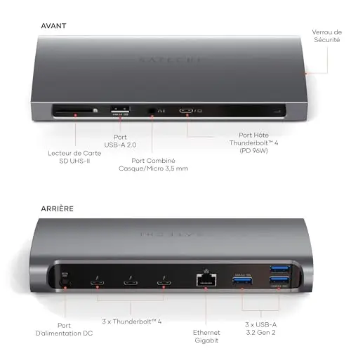 SATECHI Docking Station 12 en 1 Thunderbolt 4 con 3 Puertos a 40 Gbps, Carga PD 96 W, Ethernet, 4K@60Hz, 4X USB-A a 10 Gbps, USB-A 2.0, Lector SD, Audio, para MacBook, Portatil