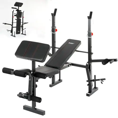 Banco Musculación Plegable, Banco De Musculacion, Press Banca con Soporte para Barra para press de banca, Banco De Pesas Musculación Ajustable con respaldo, soporte para piernas