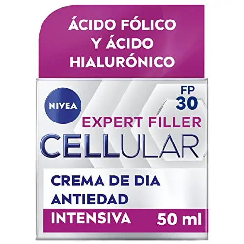 NIVEA Cellular Expert Filler - Crema de Día FP30 - Antiarrugas - Efecto Rellenador 24h - Con Ácido Hialurónico y Ácido Fólico - Crema Antiedad - Protección Solar - Todo Tipo de Pieles - 50 ml