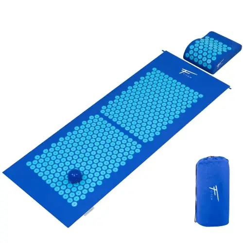 Kit de acupresión XL Fitem – Alfombra de acupresión + cojín + bola de masaje – Alivia dolores de espalda y cuello – Ciática – Masaje de espalda – Relajación muscular (Azul-Turquesa)