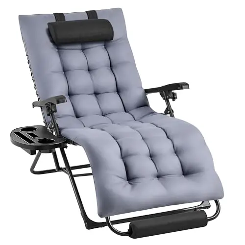 Yaheetech Tumbona Plegable y Resistente, Tumbonas Jardin Exterior, Capacidad de Carga 200kg, Tapizado Ergonómico, Respaldo Ajustable, Cojín Cervical, Portavasos y Cojín, Gris Oscuro/Negro