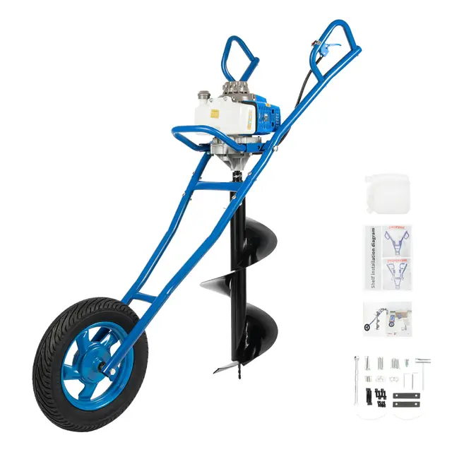 63 CCM Ahoyadora Gasolina Broca de Tierra 2 Tiempos Taladro Jardín 2,2 kW con Ruedas, Broca de 300 mm para Obras Plantación de Jardines, Suelo Suelto Vegetal Cultivo