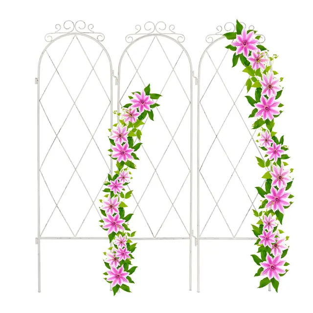 Relaxdays Enrejado, Metal, 3 Celosías, 92 x 27,5 cm Cada Una, Enganches y Piquetas de Inserción, Soporte Plantas, Blanco